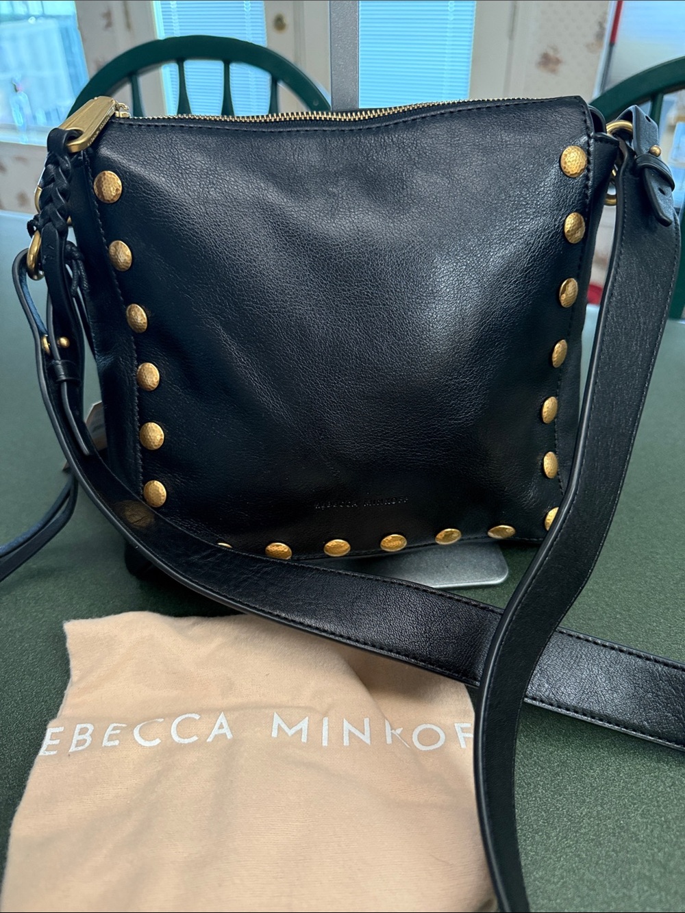 Rebecca Minkoff Black Leather Crossbody with Gold Stud Accents